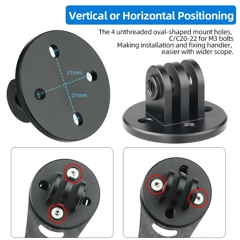 Robuster Fahrradcomputer-Rack-Adapter mit 4 ovalen Löchern ohne Gewinde, C/C, 20–22 mm, vertikaler oder horizontaler Befestigungsdurchmesser. 34 mm runder Sockel