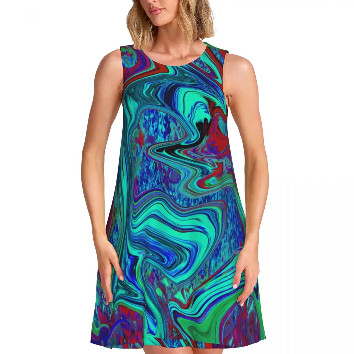 Retro 60s Ar Dress Groovy Abstract Print Kawaii Dresses Lady Sleeveless Street Fashion Casual Dress Day Printed Oversize Vestido