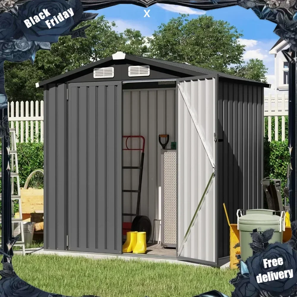 6x4 FT Outdoor Storage Shed, Galvanized Metal Steel Garden Shed,Double Door W/Lock, Bike Storage for(72.05