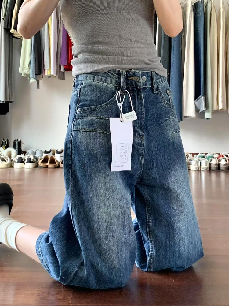 

American Retro Wide Leg Denim Shorts Women Summer New Large Size Loose Straight Seven-Five Middle Pants High Waist Jeans