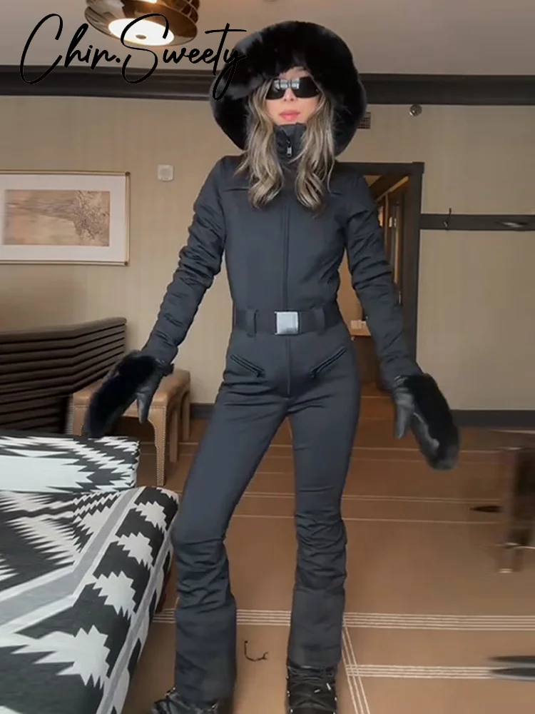 شيك فو الفراء المرقعة المرأة بذلة التزلج عالية حزام خصر سحابات جيب سيدة ملابس التزلج 2025 الشتاء الربيع الإناث رومبير