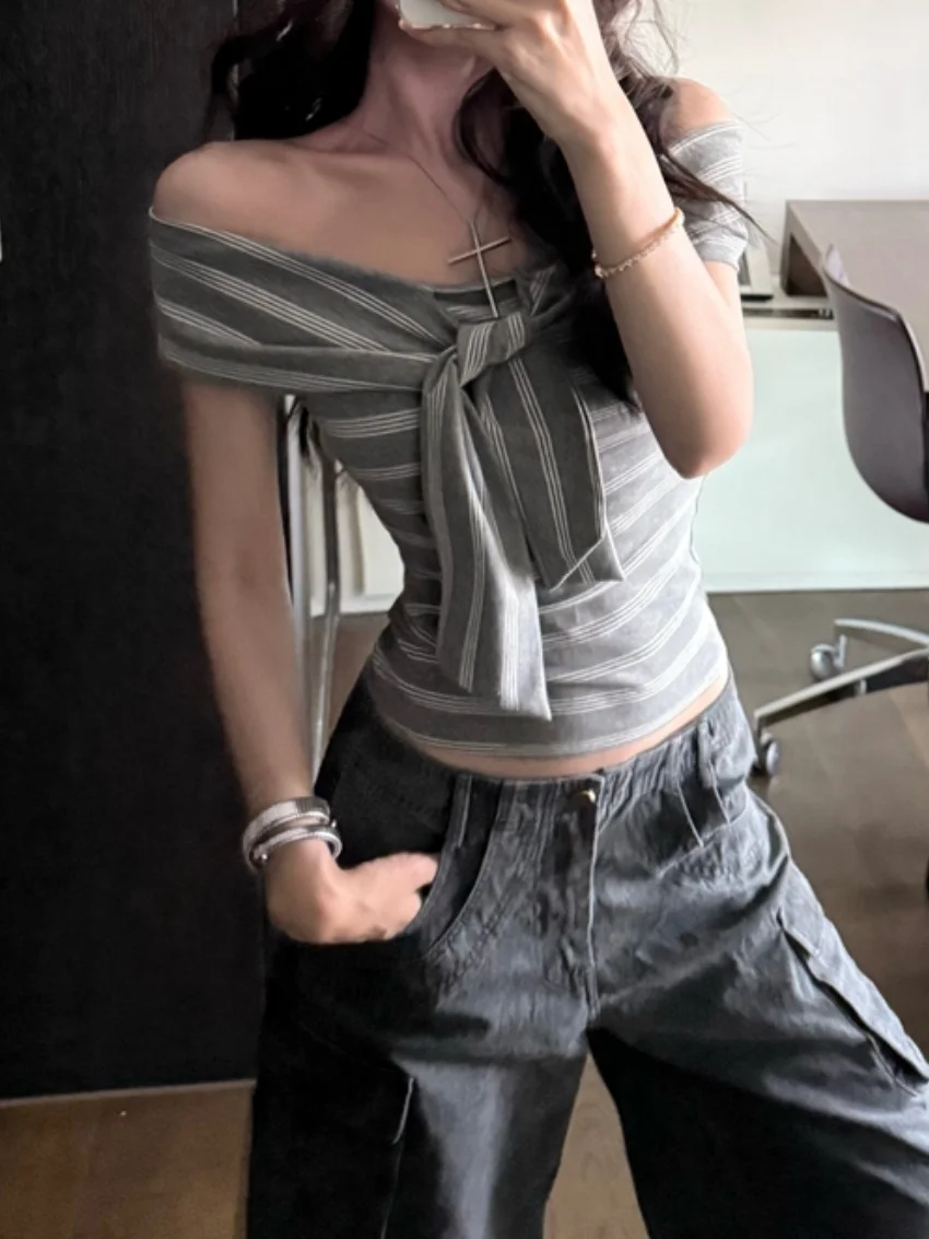 Alien Kitty Summer Stripes T-Shirts Women Short Sleeve Gentle 2025  Slim-Fit New Casual Slash Neck Off Shoulders Daily Tees #5