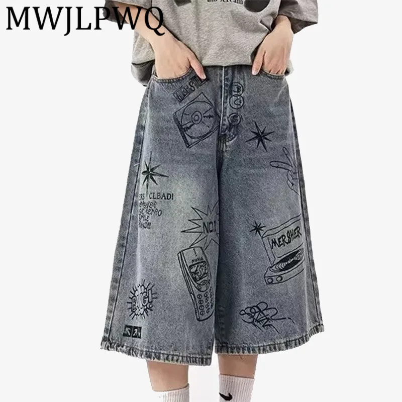 

MWJLPWQ Повседневные шорты с дизайном граффити для мужчин, летние свободные широкие универсальные джинсы в американском уличном стиле 12031