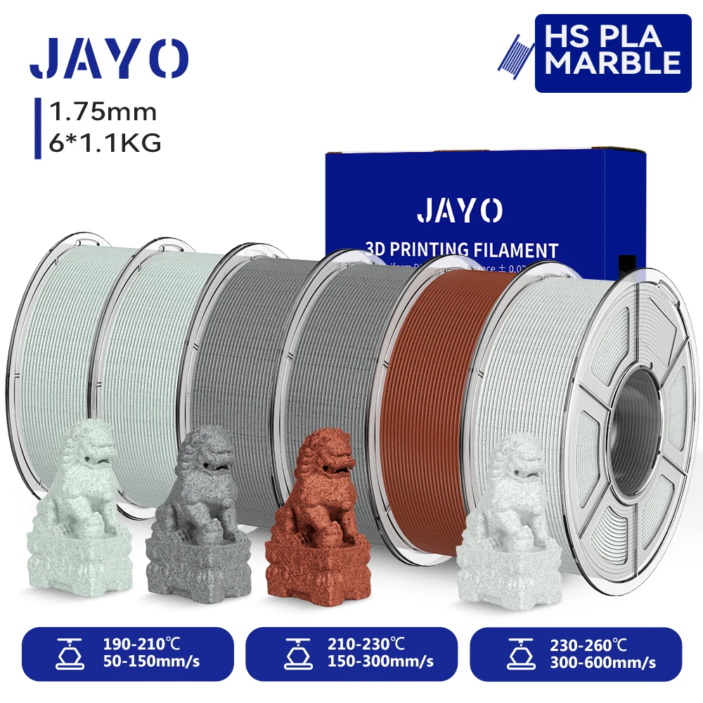 JAYO 6 Rollen Hochgeschwindigkeits-PLA-Marmor-3D-Druckerfilament 1,75 mm für FDM-3D-Drucker, Hochgeschwindigkeits-3D-Druckmaterial mit Marmorstruktur