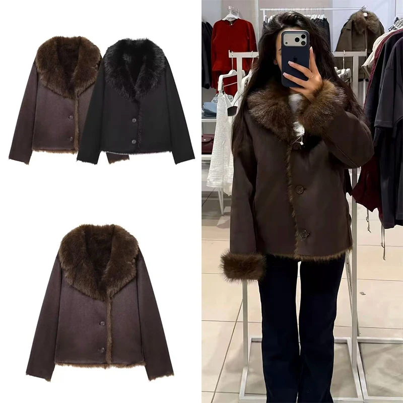 Guobioziy 2026 Autumn Faux Fur Collar Coat Women Short Jacket Warm Plush Lined Button Down Outerwear For Winter Party Date