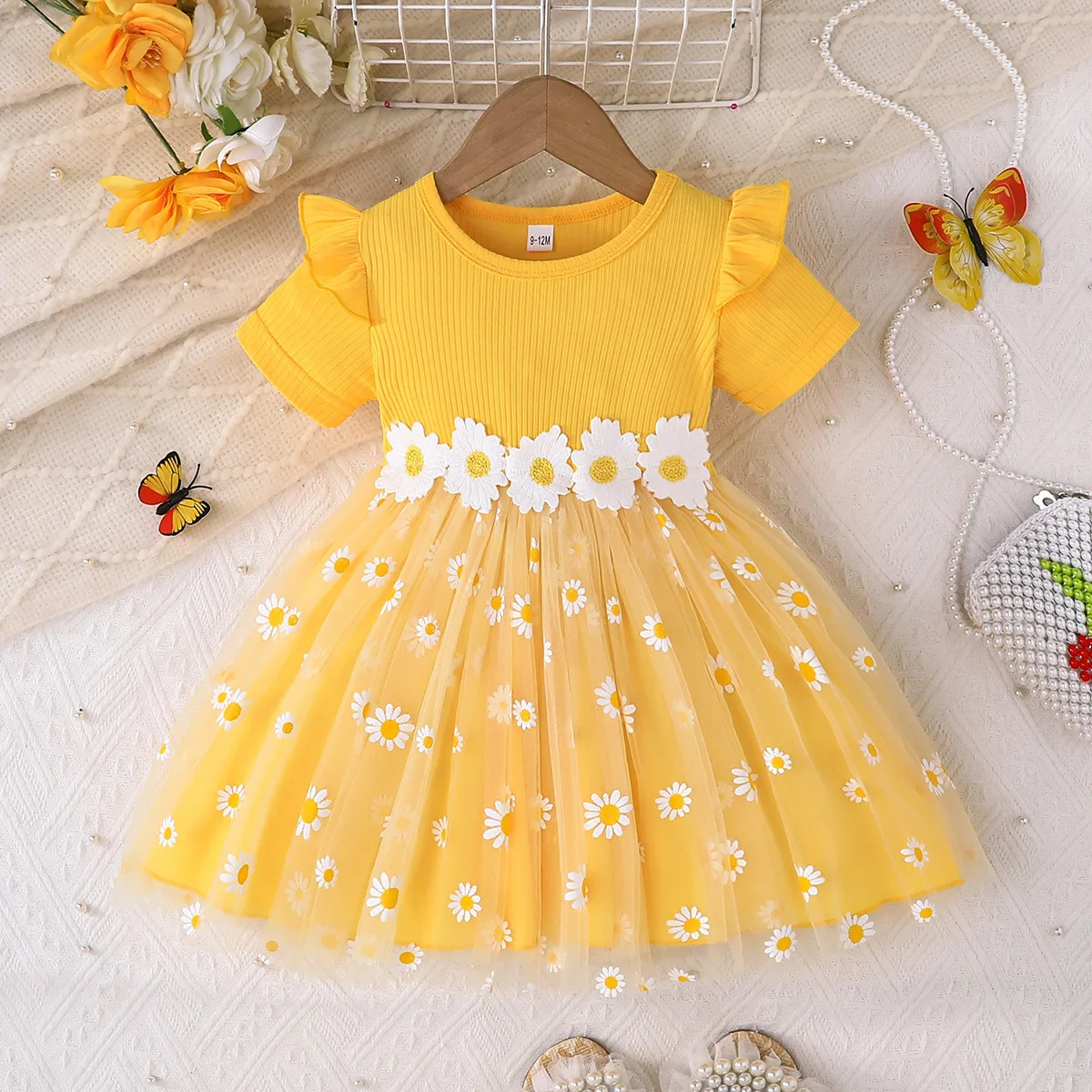 

New Arrival 2025 Summer! European and American Style Girls' Casual and Cute Printed Short - Sleeve Dress with Floral Decorations
