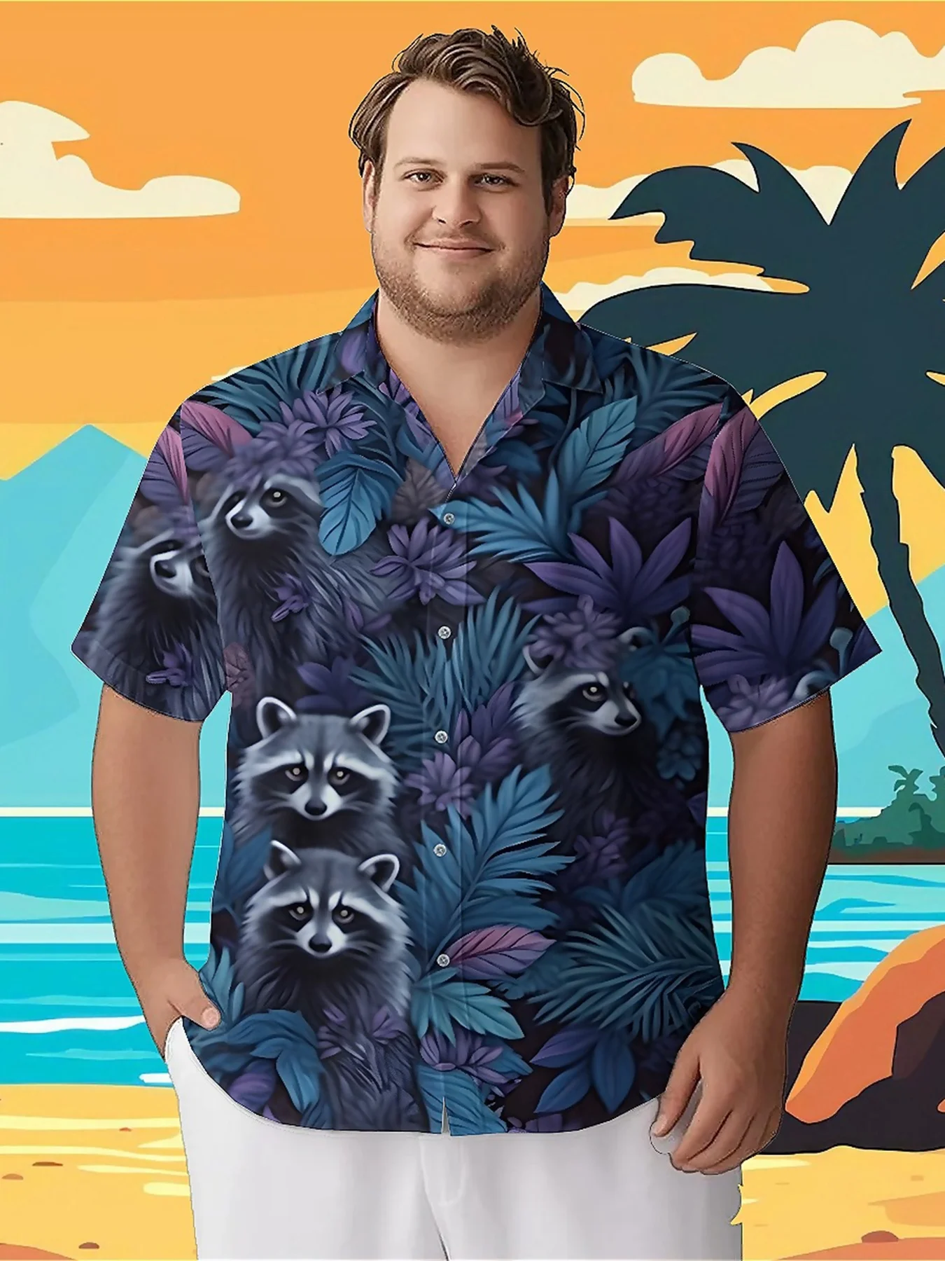 

Men's Plus Size Hawaiian Shirts Raccoon Adventure in The Mysterious Forest pattern, Button Shirts, Casual Clothing, Summer Tops