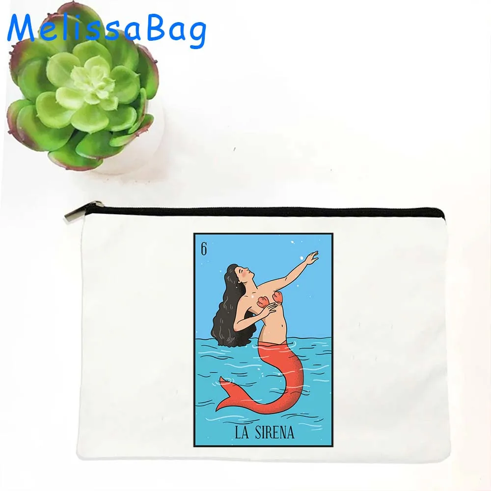 Mexico El Catrin Muertos Tarot BANDERA ESTRELLA SIRENA ROSA Loteria Card Mexican LOTTERY Canvas Cosmetic Makeup Bags Pencil Case