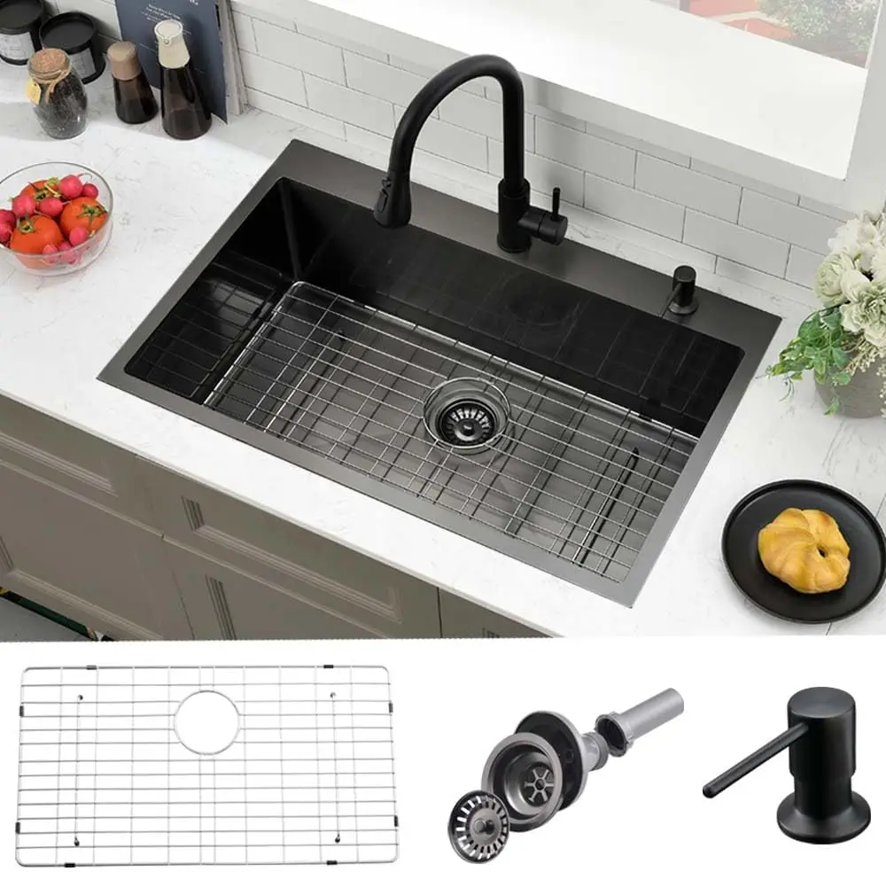 

30 Inch Black Drop-In Kitchen Sink - Deep Single Bowl with Grid & Soap Dispenser
