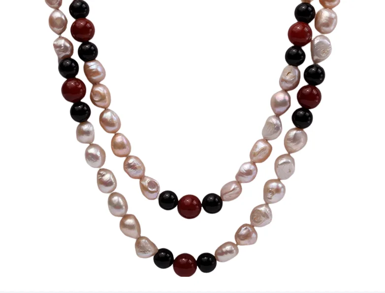 

Terisa Pearl Jewelry 11-13mm Natural Pink Baroque Freshwater Pearl with Black and Red Agate Necklace for Women T-FNO211