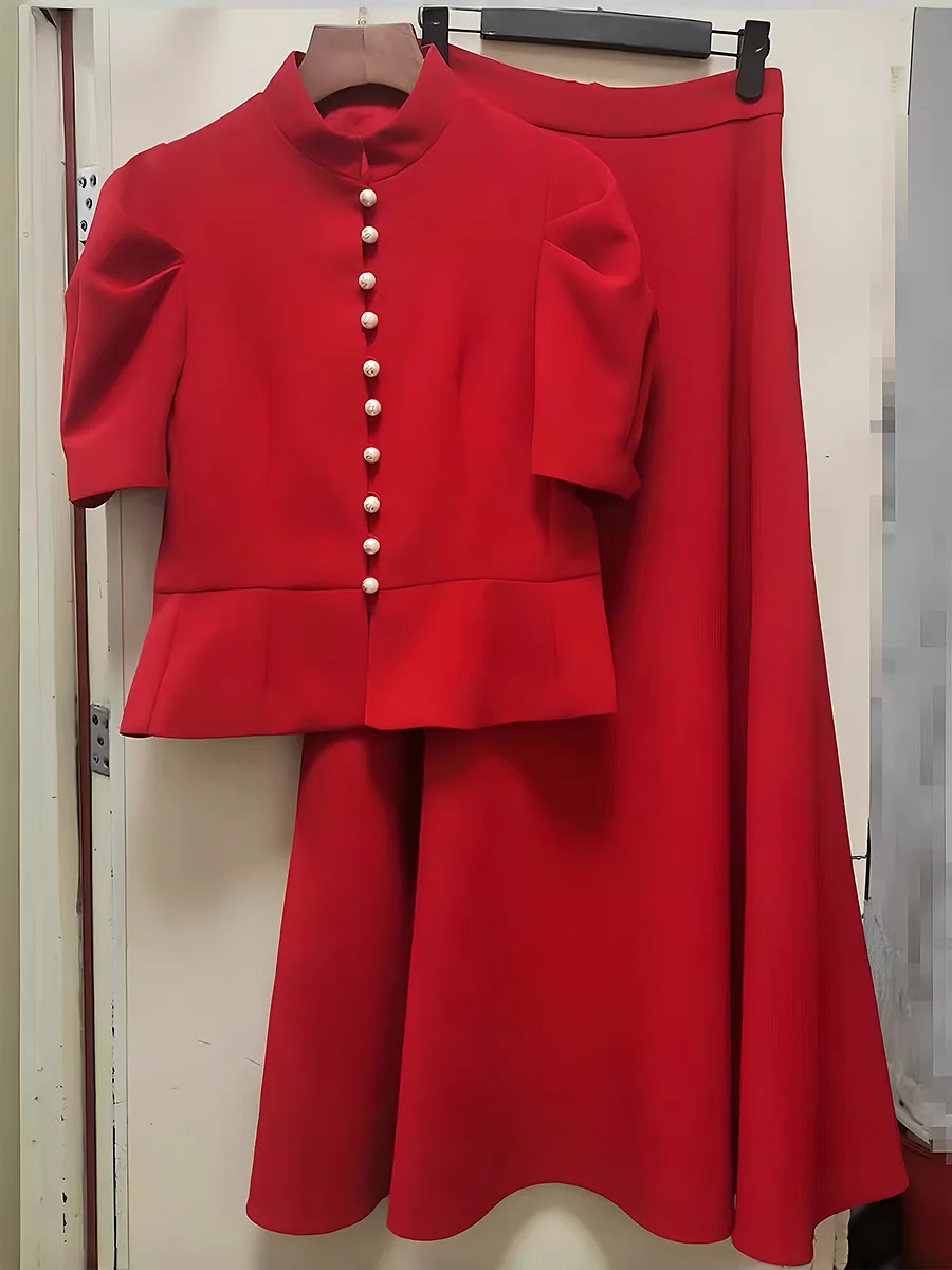 New Women's High-End Stylish Red Halterneck Midi Skirt Spring 2025 Fashionable Versatile Elegant Color Block Design