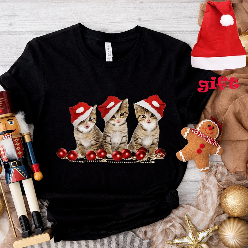 Cute Christmas Cat Kawaii Tee Tshirt Woman Short Sleeve T Shirt Harajuku Party Trendy Y2k Tops with Christmas Hats