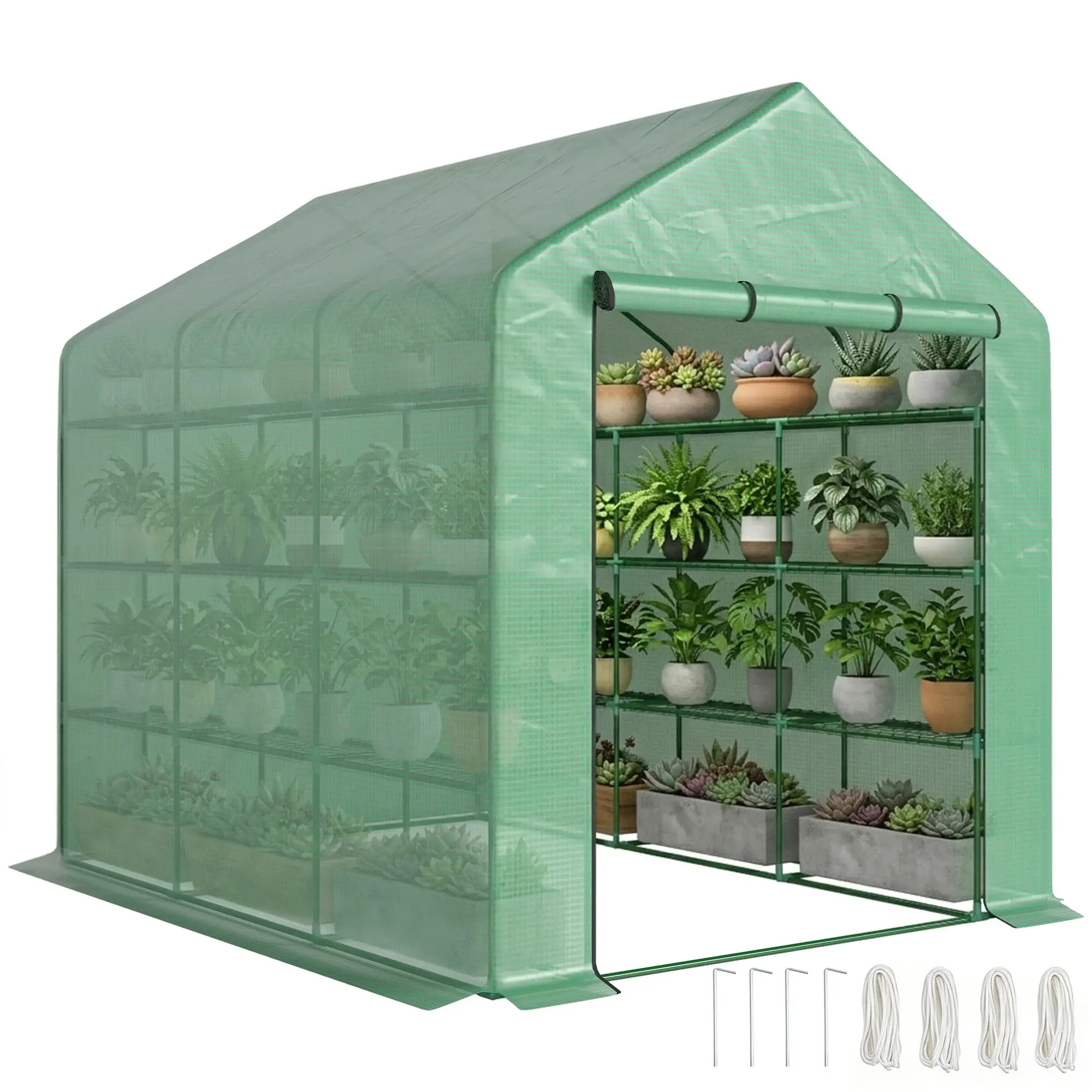 8' x 6' x 7' Walk-in Greenhouse PE Cover 4-Tier Shelves Green