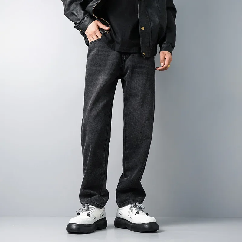 

LIBIELIY Four Seasons New Fashion Men's American Straight Washed Black Loose Jeans Pants Wide Leg Casual Trendy Denim Trousers