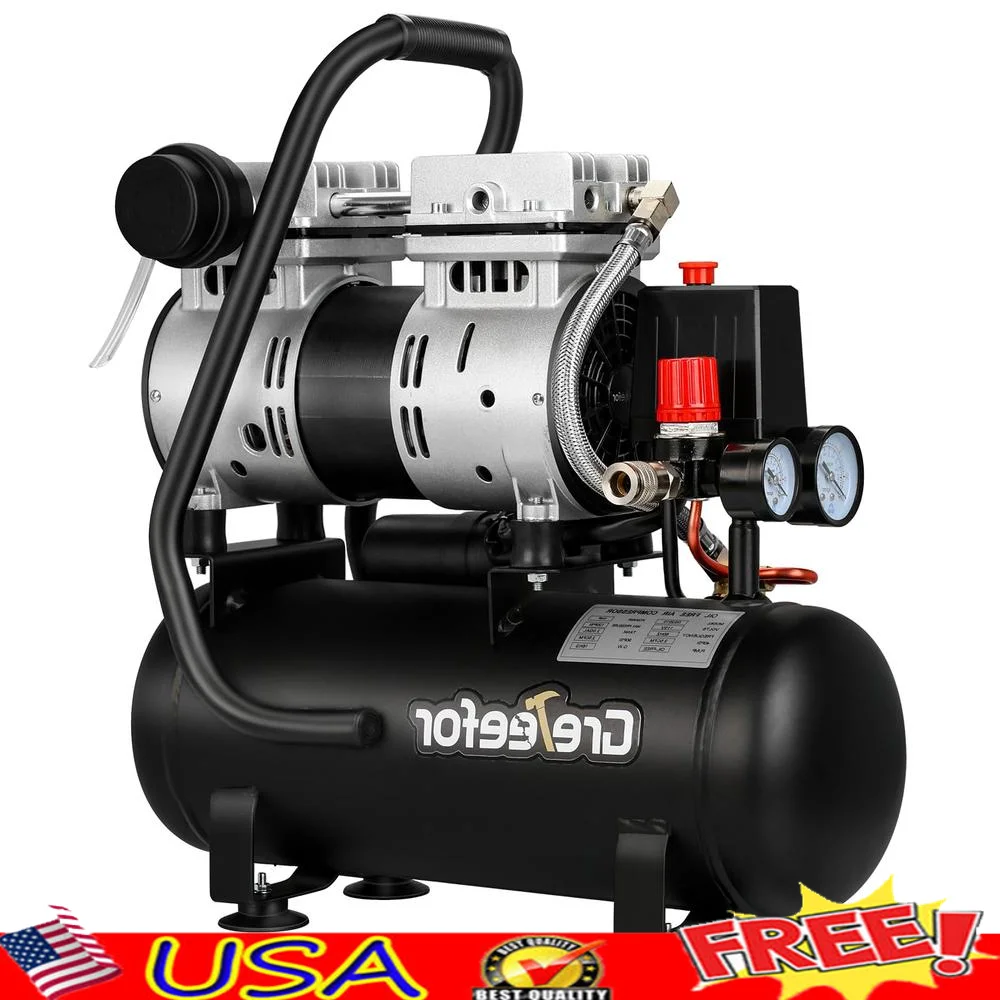 2 Gallon Portable Air Compressor 1HP Oil-Free Ultra Quiet 2.5 CFM@90 PSI Fast Recovery Tire Inflation Sanding Spray Gun