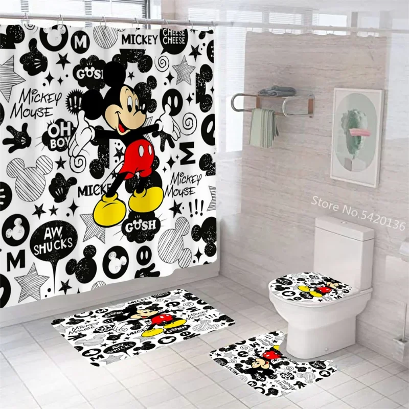 Disney Mickey Minnie Mouse Print Shower Curtain Carpet Black And White Toilet Cover Bath Mat Rug Pad Set Bathroom Christmas Gift