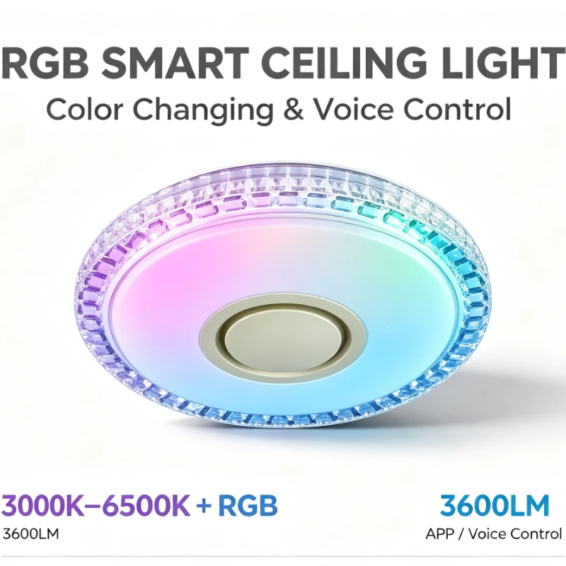 Smart RGB LED Ceiling Light with Bluetooth Music Sync, App & Remote Control, Crystal Edge Design, Dimmable, for Bedroom