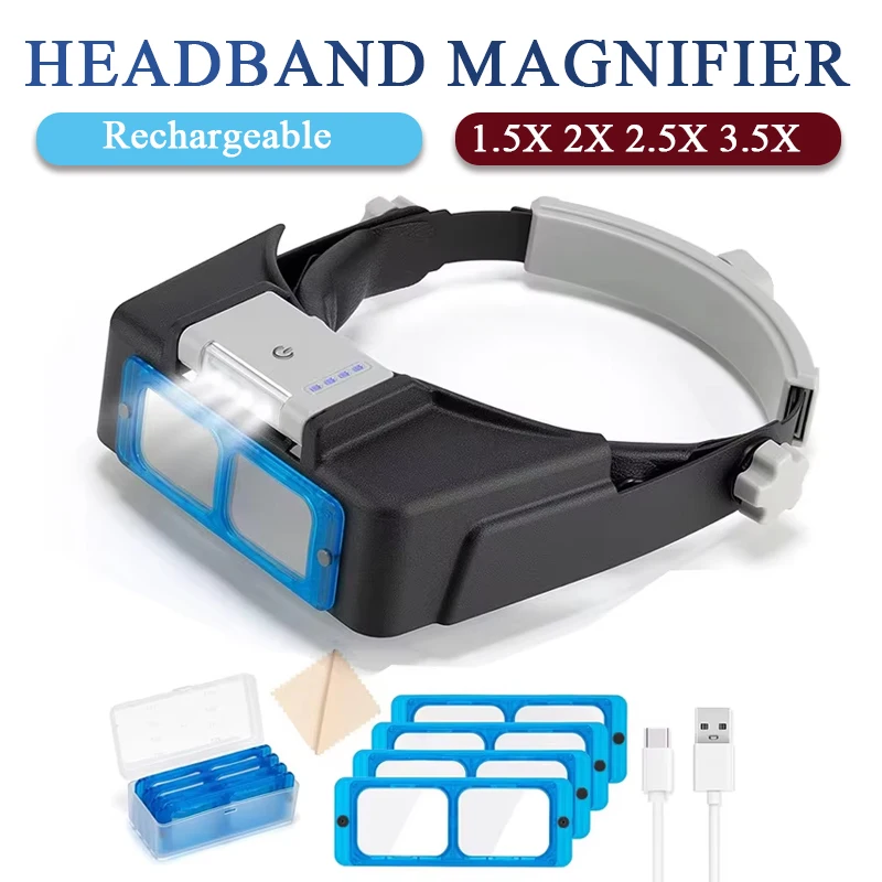 

Перезаряжаемая лупа на голову с подсветкой, 4 сменными линзами 1.5X-3.5X для работы без помощи рук в рукоделии и хобби