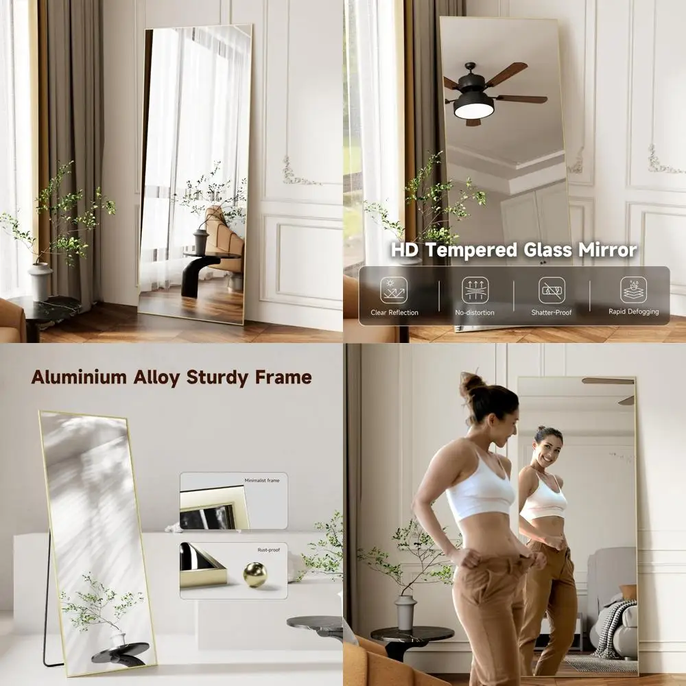 Rectangular Gold Tempered Glass Floor Standing Mirror, Full Length Wall Mounted Aluminum Frame Mirrors for Bedroom