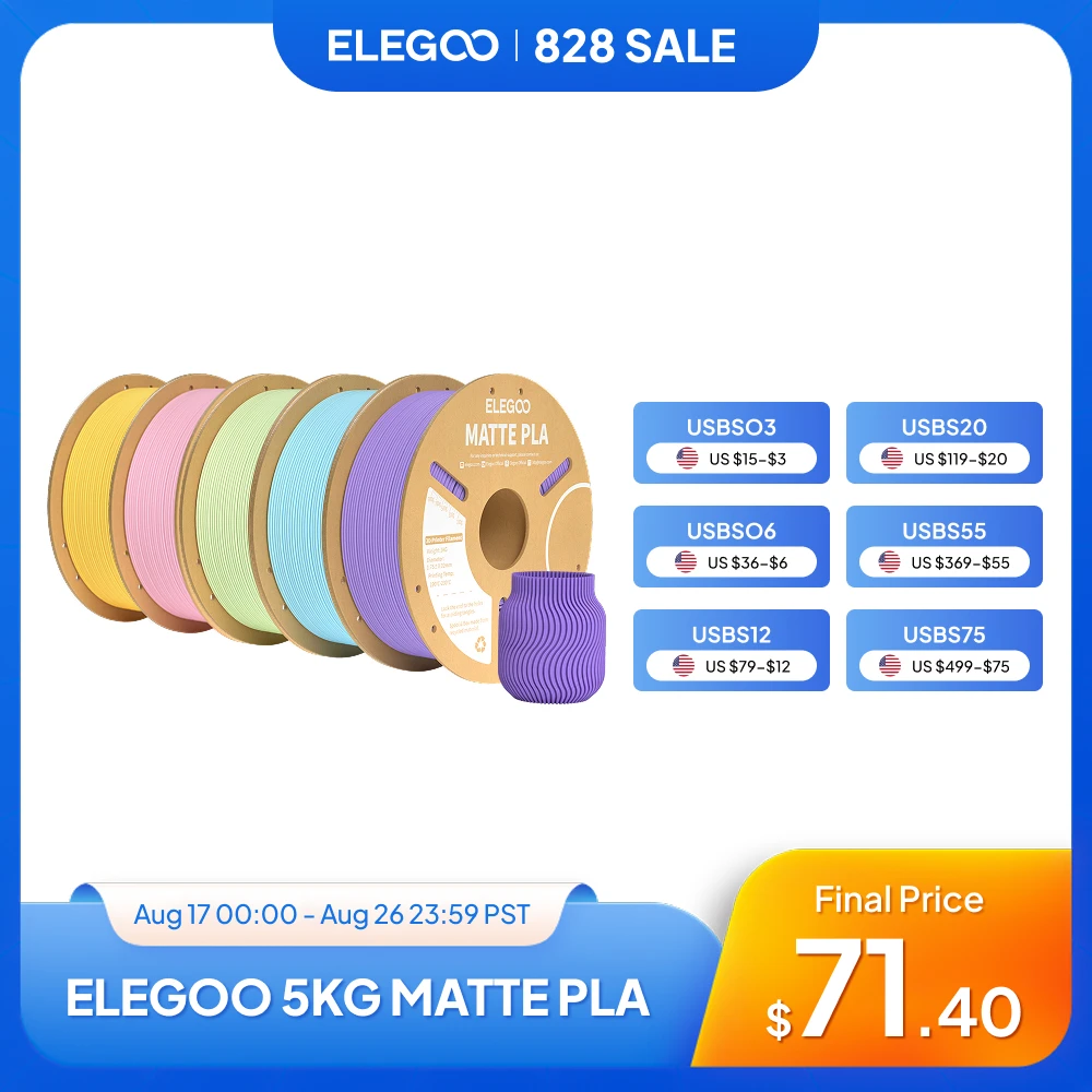 ELEGOO PLA Filament 3D Print 1.75mm Macaron Colors  12 Accuracy +/-0.02mm Compatible with Most FDM 3D Printer 5KG MATTE Odorless