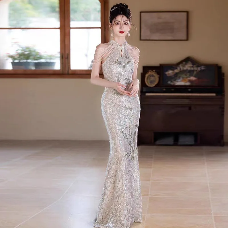 

Chinese Style Cheongsam Bride Wedding Dress Toast Clothing Sexy Sparkling Mermaid Prom Dresses Graduation Gala Party Gowns