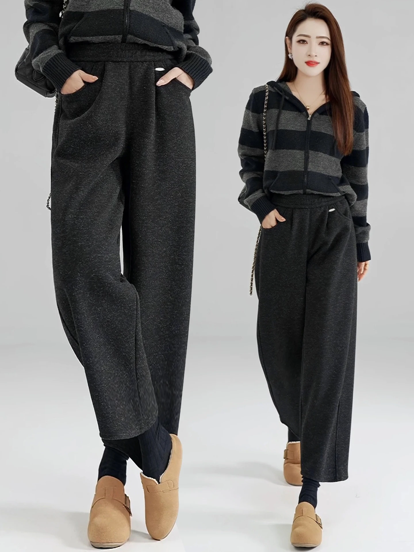 

High Waist Wide Leg Woolen Harlan Pants Women's Autumn Winter New Style Elastic Loose Slimming Fleece Lined Trousers