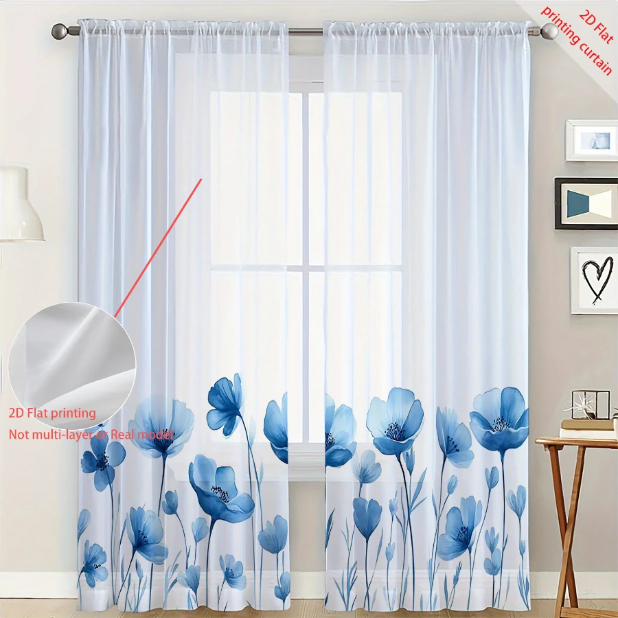 2PCS Digital Print Sheer Curtain, Watercolor Blue Poppy, Vintage Floral Window Curtains for Living Room Bedroom Home Decor