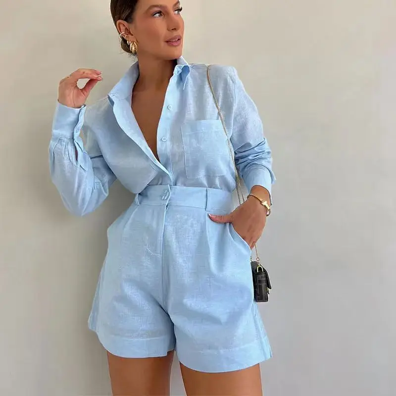 2024 New Fashion Suit Solid Color Pocket Long-sleeved Shirt Casual Short Trousers Suit Temperament Commuting Elegant Style