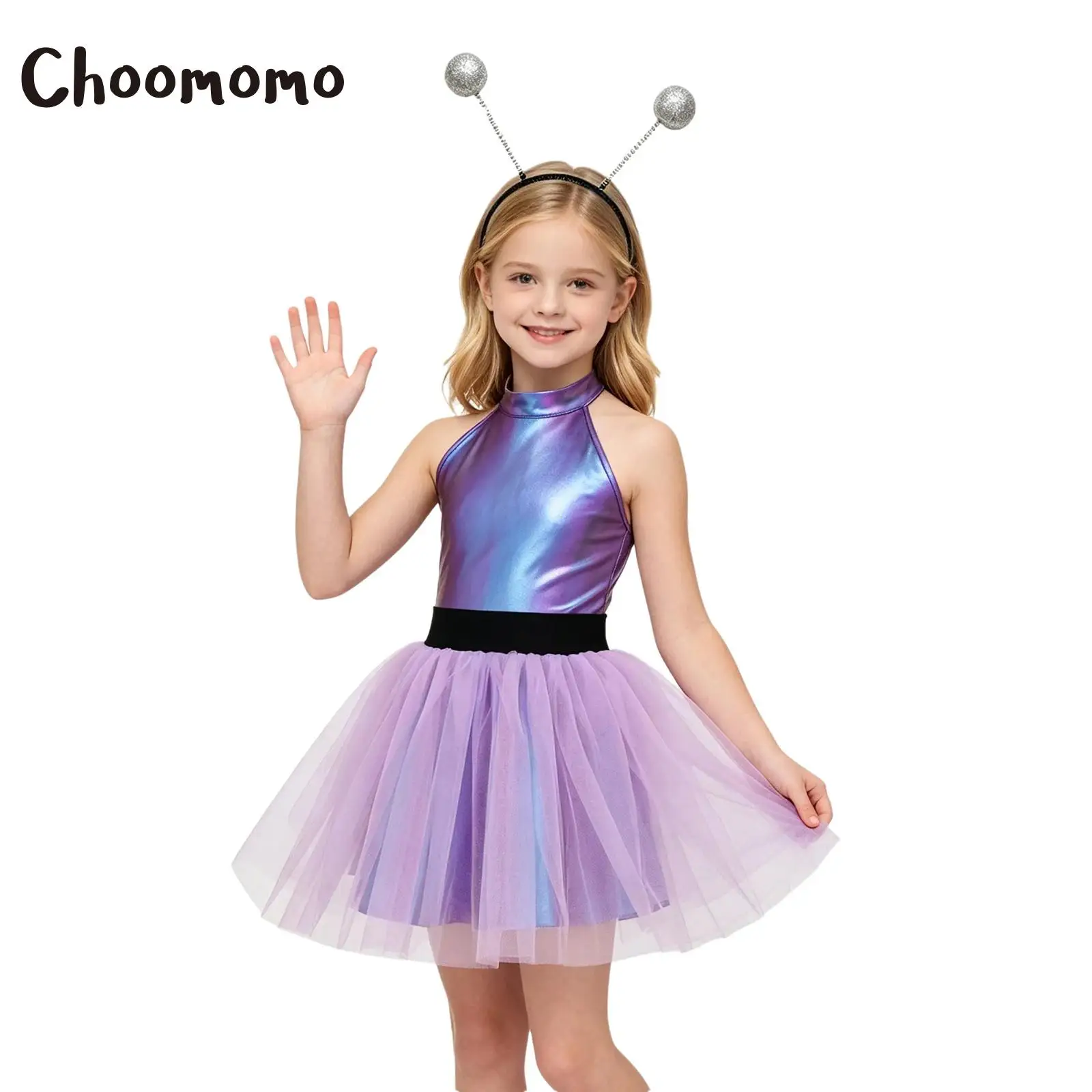 Alien Costume Girls Metallic Shiny Ballet Tutu Dress Halter Sleeveless Tulle Dress Hair Hoop Halloween Space Astronaut Robot Set