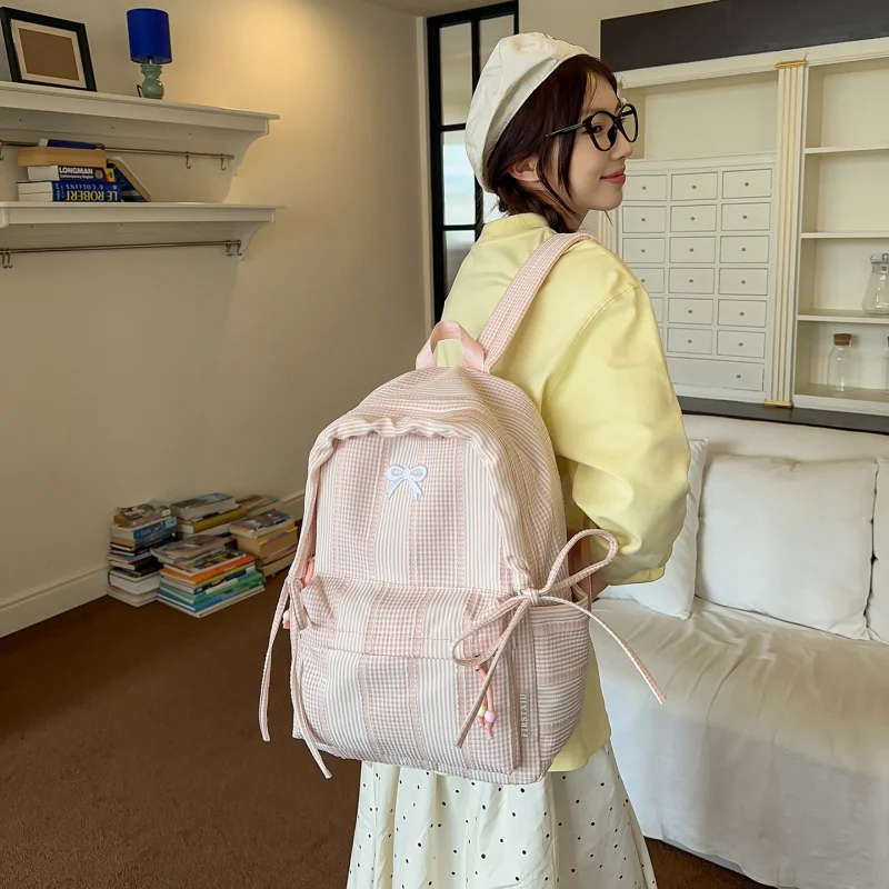 New Striped Backpack Student School Bag Commuter Large Capacity High Appearance Cute Backpack Simple Fresh Style