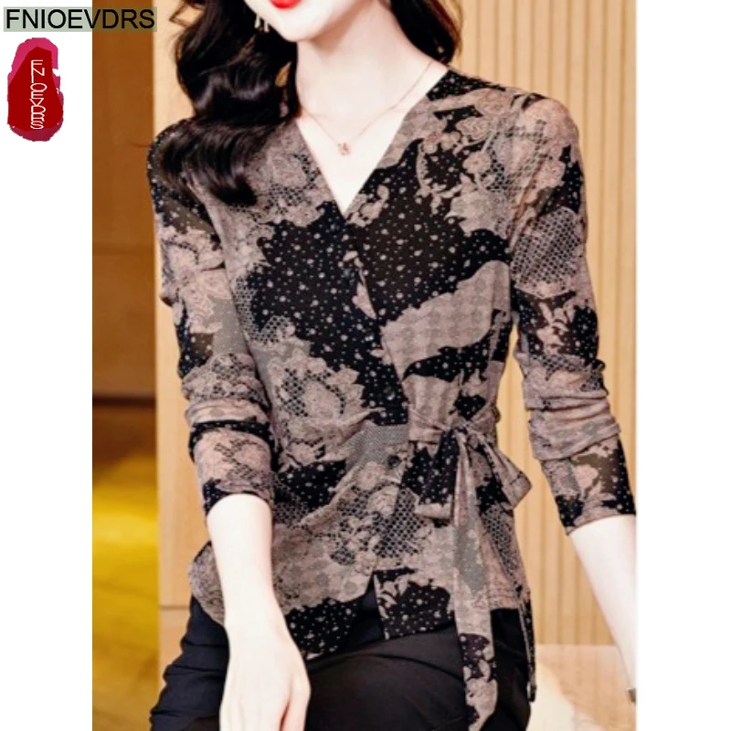 السنة الجديدة عيد الميلاد بقماش شفاف ربطة القوس فيونكة القمم البلوزات الدانتيل متابعة الأزهار طباعة ريترو خمر قمة أنيقة مكتب سيدة أساسيات القمصان #6