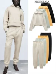 Women's Hooded Sweatshirt Pants Set Fall New Ribbed Pullover Hooded Sweatshirt Drawstring Elastic High Waist Jogging Pants