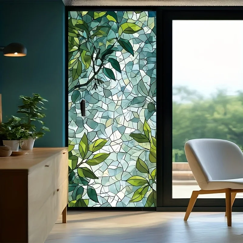 1 Pcs Green Leaf Stained Glass Static Cling Window Film - Frosted Electrostatic Film - Home Bathroom Decorative Privacy Sticker