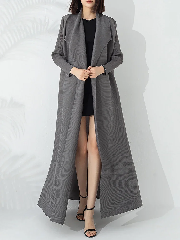 2024 Summer New Temperament Fashion Long Trench Coat Long Sleeve Lapel Waist Strap Elastic Outer Robe