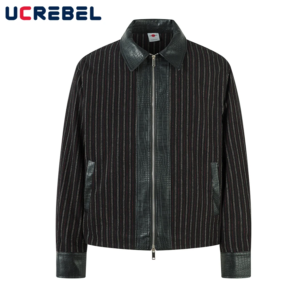 

PU Leather Spliced Striped Jacket Mens Autumn Winter Retro High Street Lapel Long Sleeve Outerwear Man
