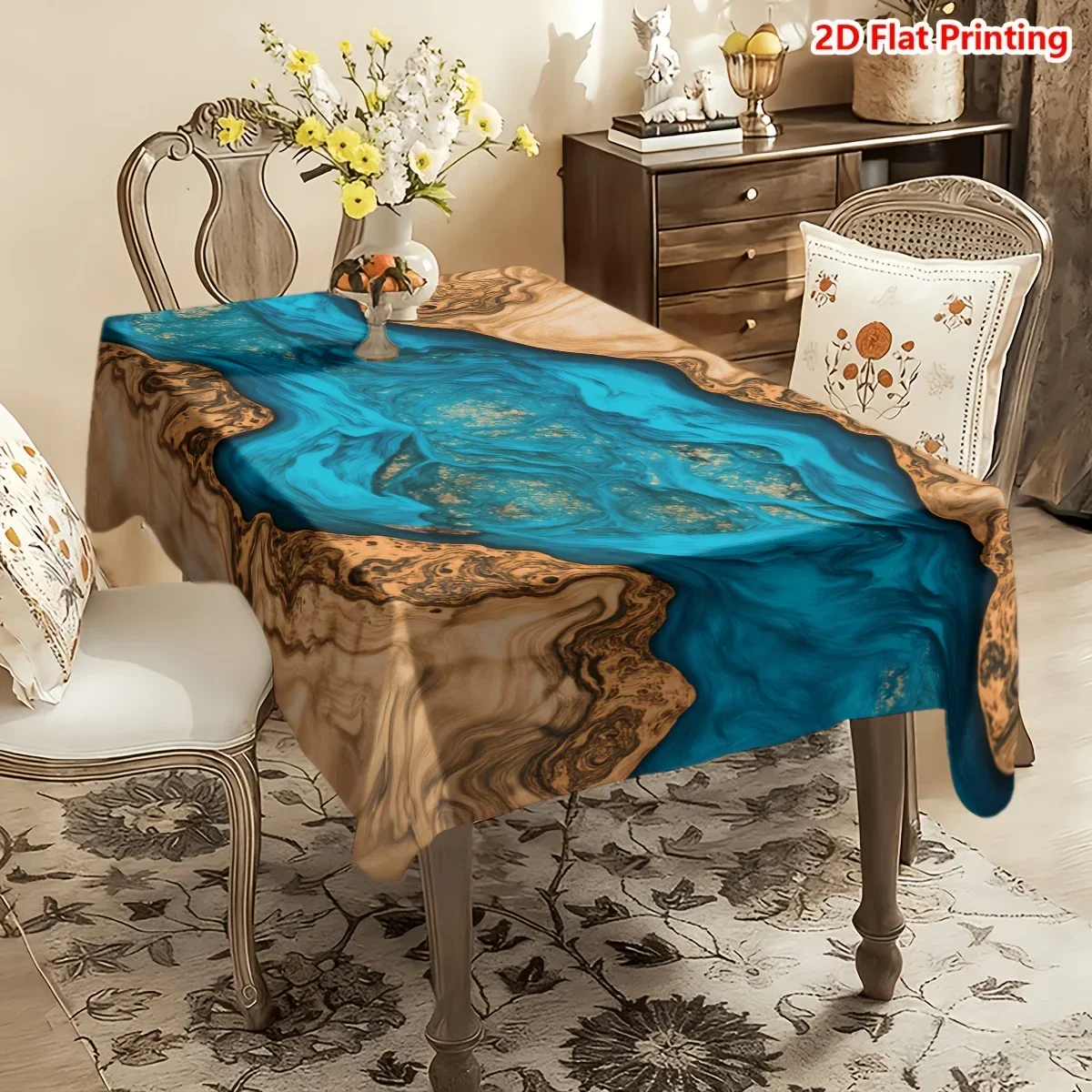 A tablecloth featuring an abstract design with wood and river patterns, presenting a natural earthy color tonexzj