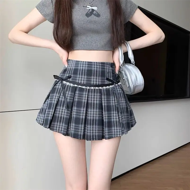 

Japan Women'S New Summer Plaid Bow Pleated Skirt High Waist Slim Versatile A-Line Skirt
