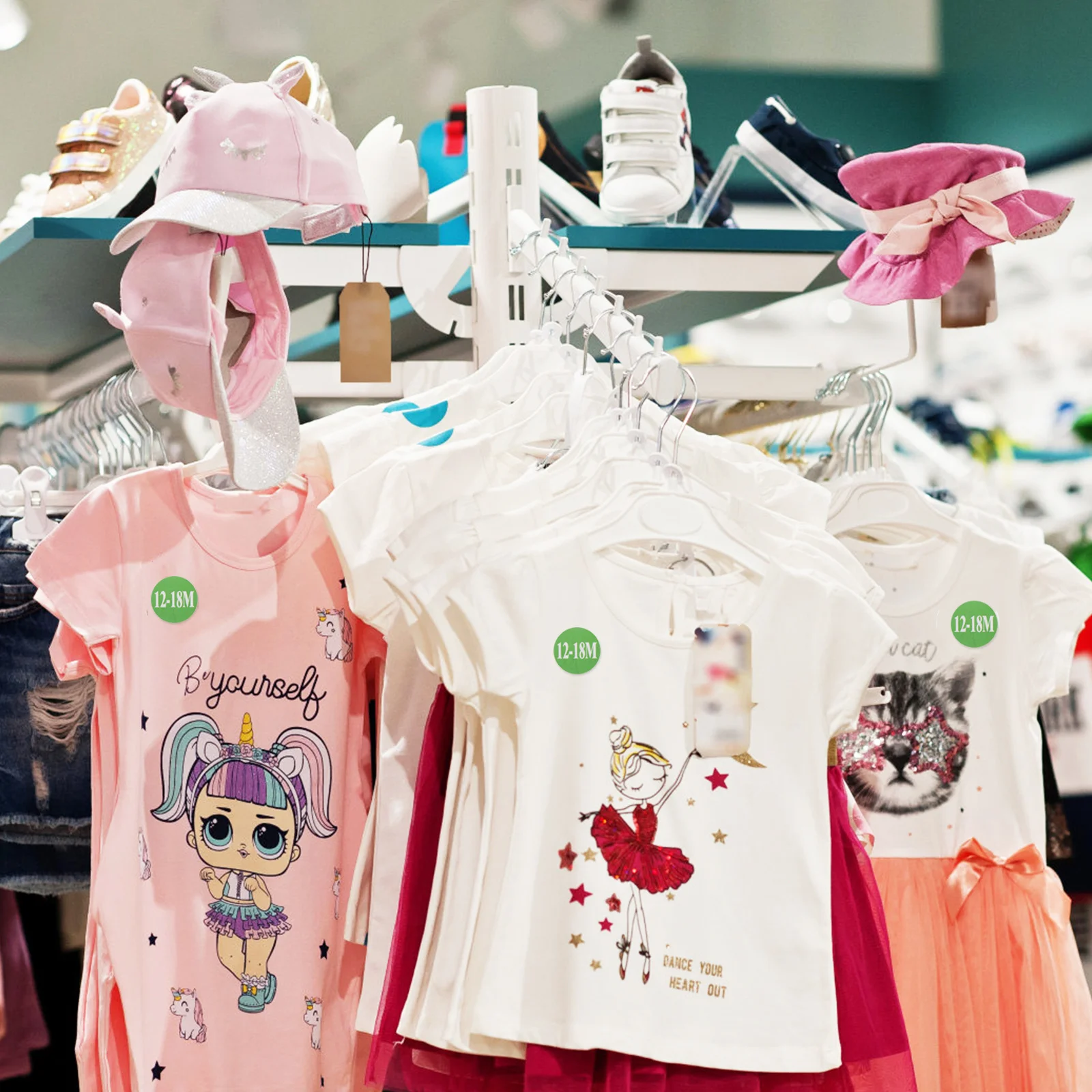 

2 рулона этикеток с размером детской одежды, печатная клейкая наклейка, бумажная наклейка круглого размера для магазина одежды, фабрики