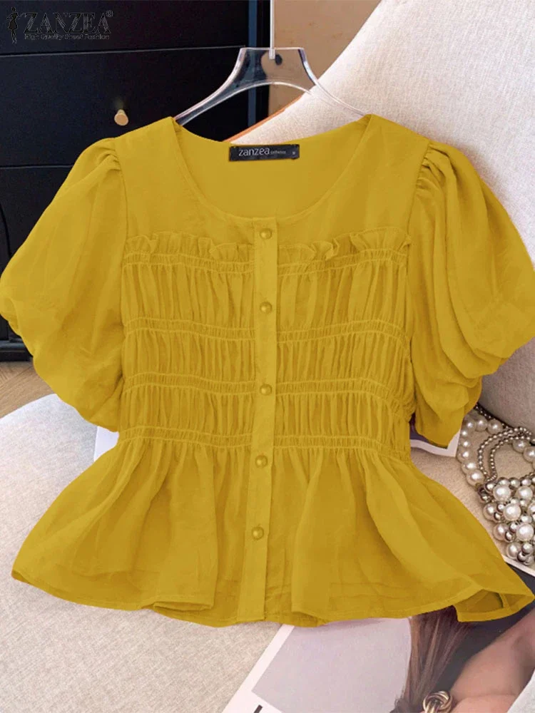 ZANZEA Women Shirts Pleated Summer Tops Vintage Short Sleeve Chiffon Blusas Solid Color Tunics 2025 Casual O Neck Pullover S-3XL