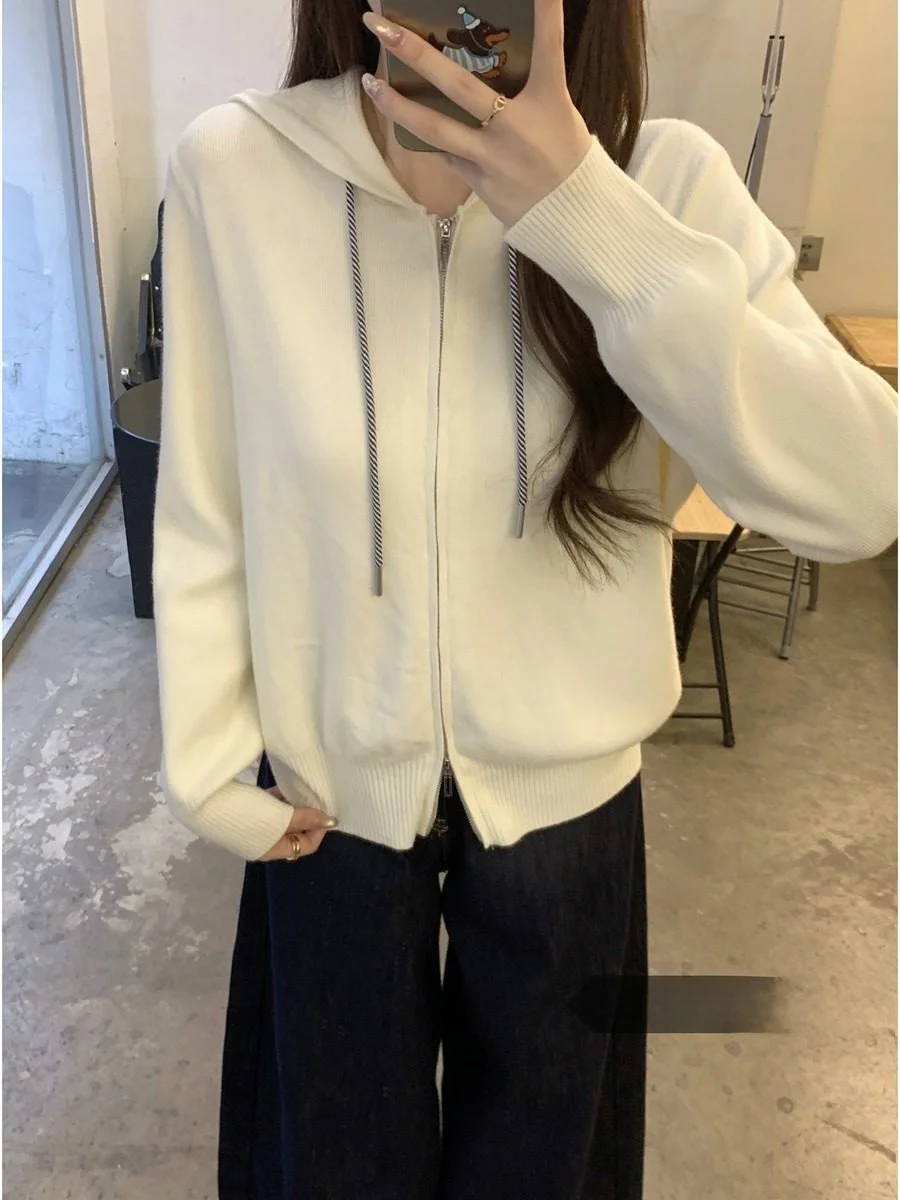 Inverno 2025 novo coreano sle solto ajuste zíper com capuz andy fce malha cardigan camisola jaet feminino faion casual wear