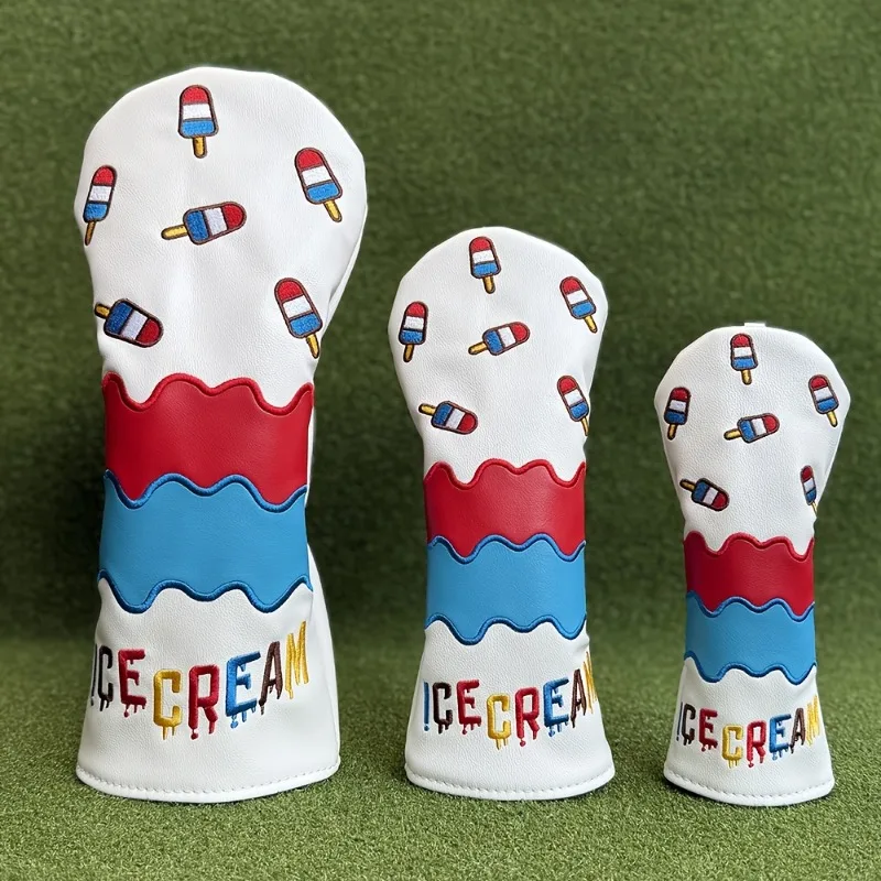 

Чехлы на голову клюшки для гольфа с узором клубного мороженого — белые с красными, синими и желтыми завитками, мороженым и дизайном текста ICE CREAM