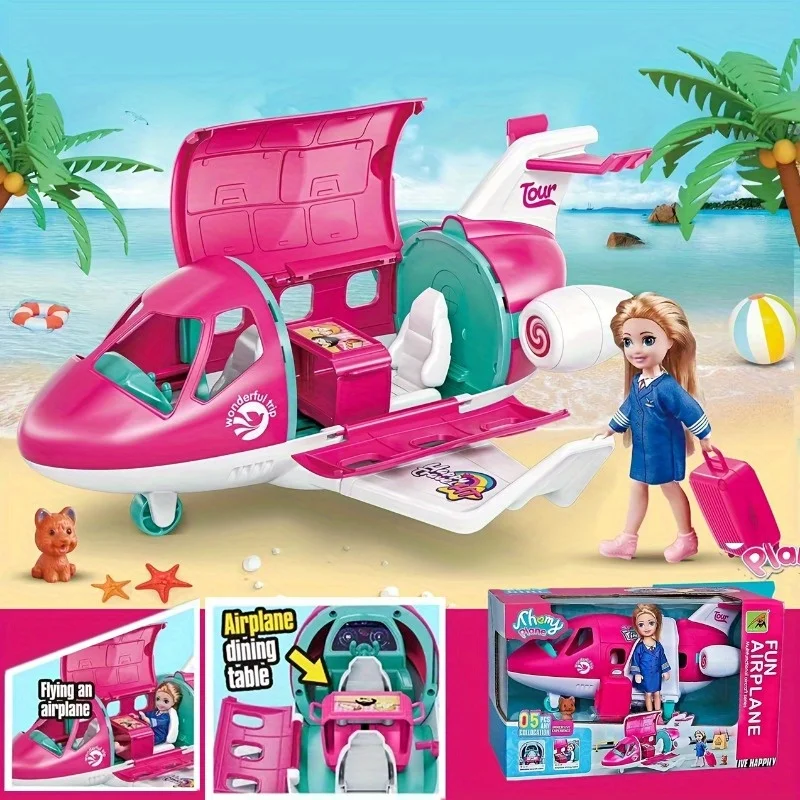 1Set Fashion Doll Airplane Accessories Dream Vehicle Trip Pilot Princess Doll Pink Playset Including  Suitcase Puppy Pet