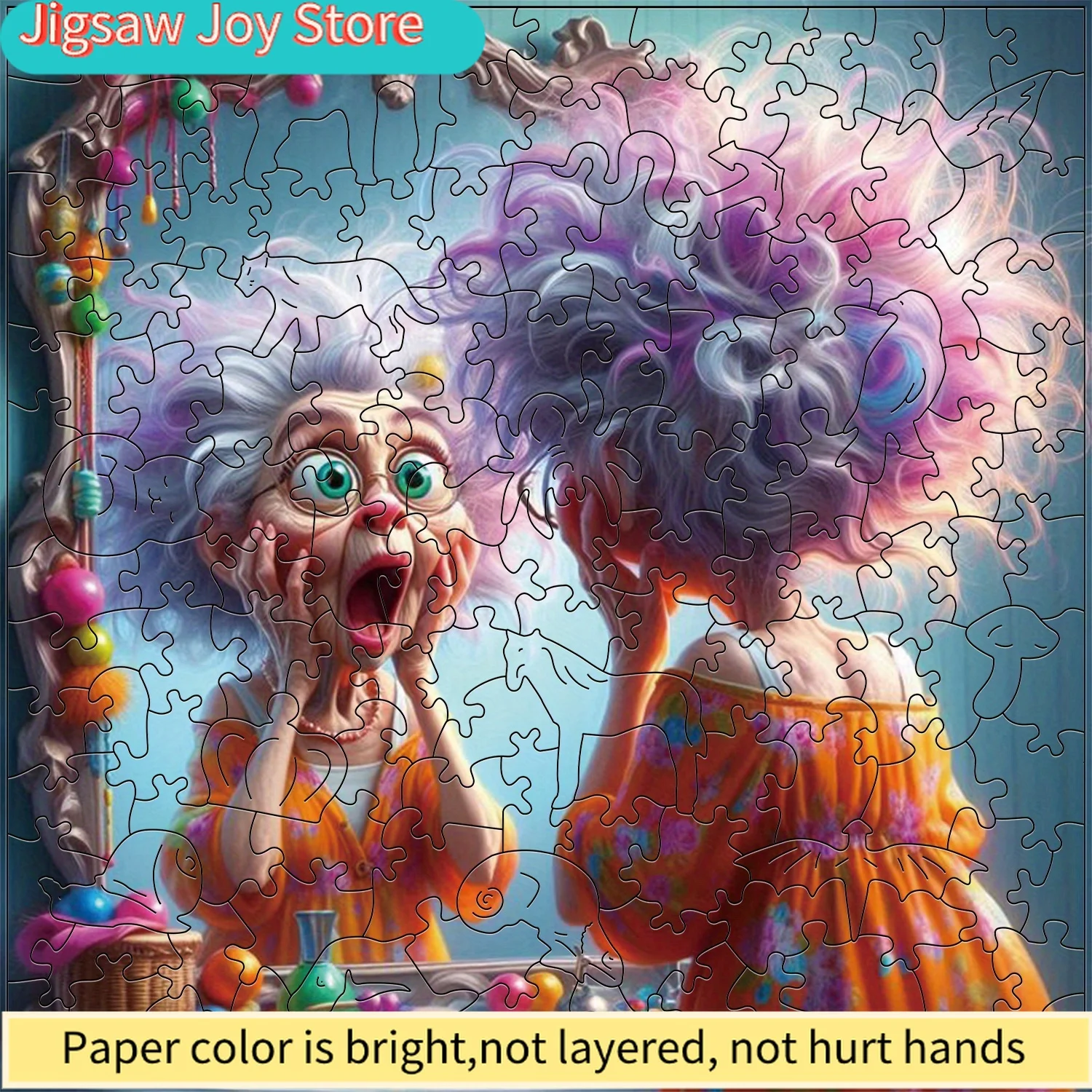 

Квадратный деревянный пазл - Изумленная цветочная бабушка перед зеркалом, идеально подходит для детей от 3 лет, на дни рождения, праздники и особые события.