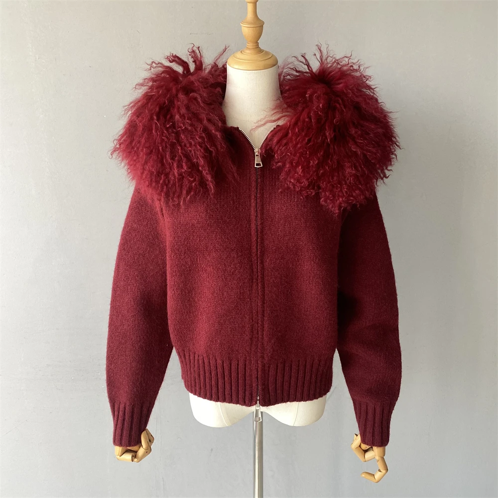 Jaxmonoy المرأة سترة مع الفراء الحقيقي السيدات الخريف موضة مقنعين سترة مشغولة من الصوف كبير المنغولية الأغنام الفراء طوق سترة 2025 جديد