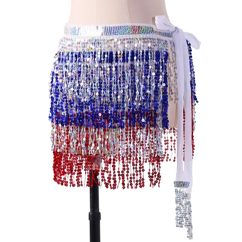 Ladies Women's Sequin Tassel 4 Layered Skirt Belly Dance Hip Scarf Wrap Mini Skirt Colorful New Gold Colour 24