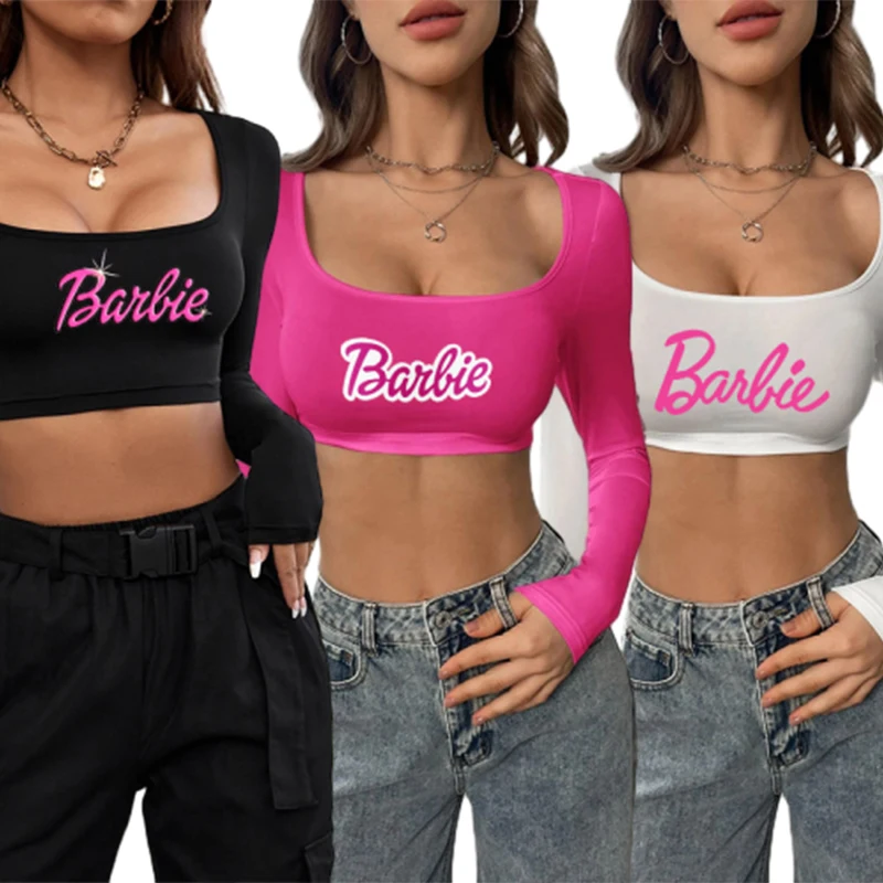 

2024 Fashion Sexy Barbie Cropped Top Anime Kawaii Women Spring Sports Casual Slim Long-Sleeved T-Shirt Tops Streetwear Gifts Toy