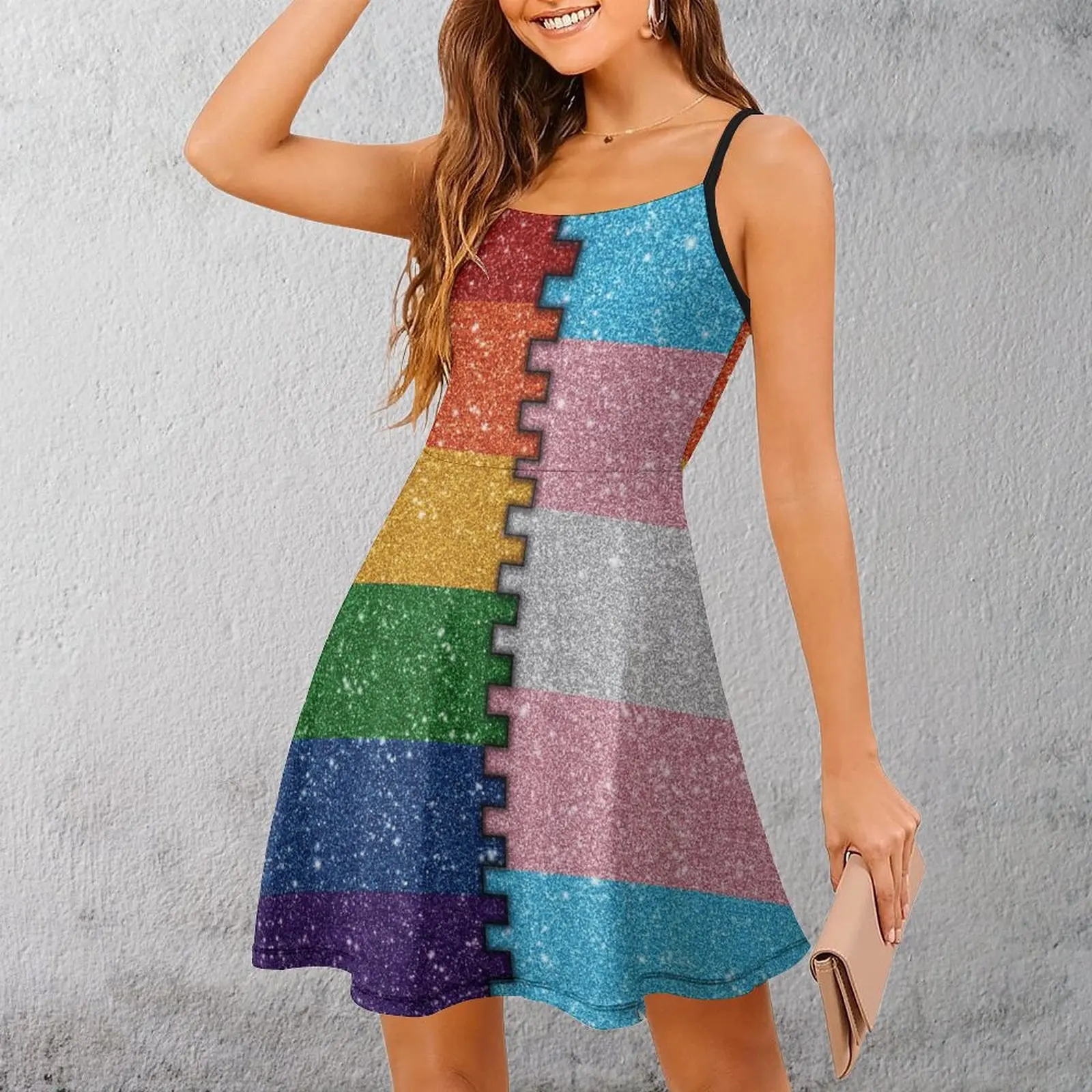 Faux Rainbow & Transgender Glitter Flag Unique Exotic Woman's Clothing Women's Sling Dress Geek  Parties Suspender Dress