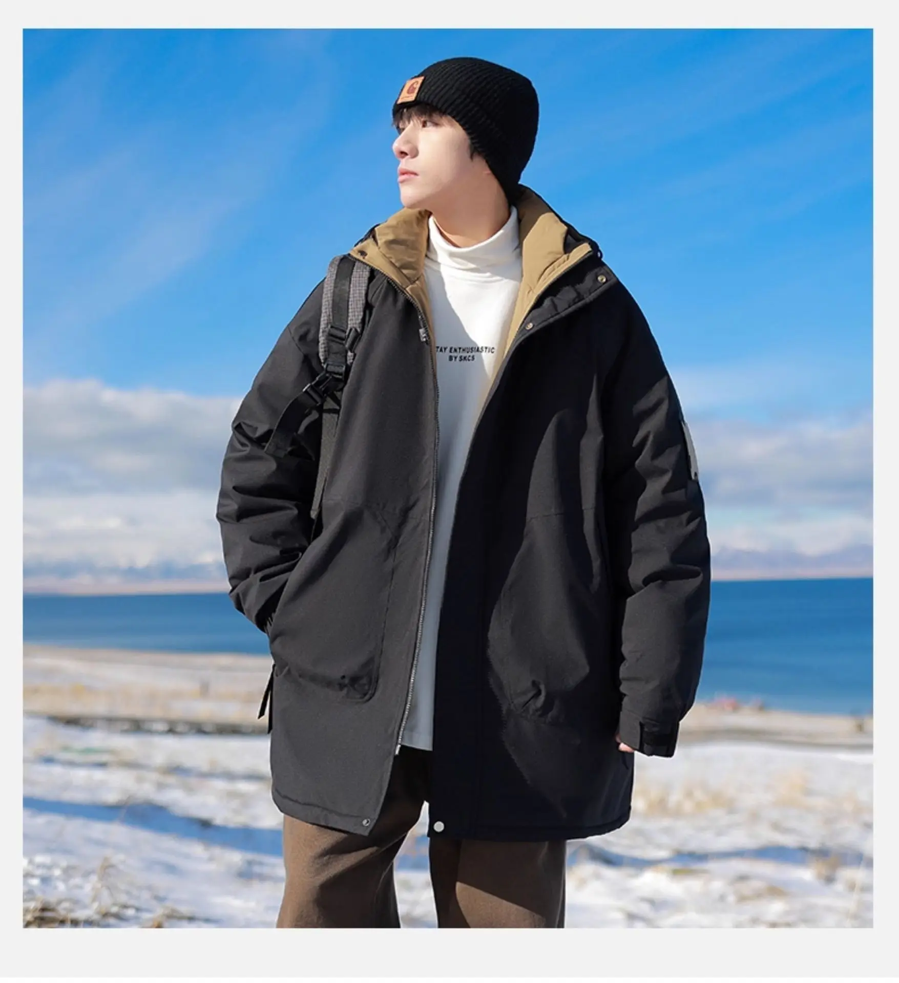 

2025 Men's High-Quality Mid-Length Down Jacket Coat, Outdoor Duck Down and Cotton Coat, Warm, Thick, Street Trendy, With Hood