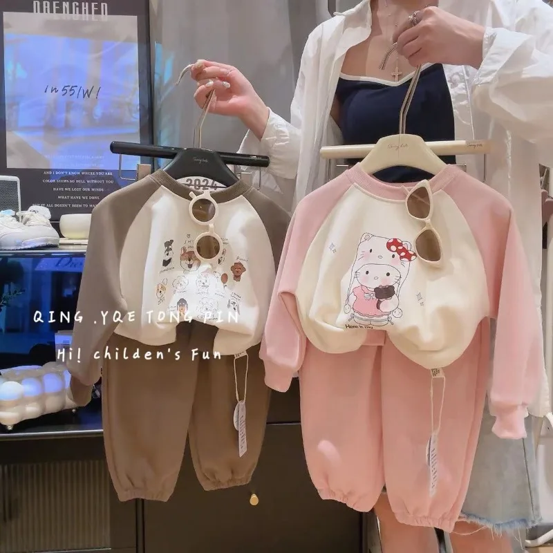 

Autumn Hello Kitty Anime Kawaii MINISO Ins Fashion Long Sleeve Shirt Pants Cute New Children Hoodie Pants Two-piece Set Gifts