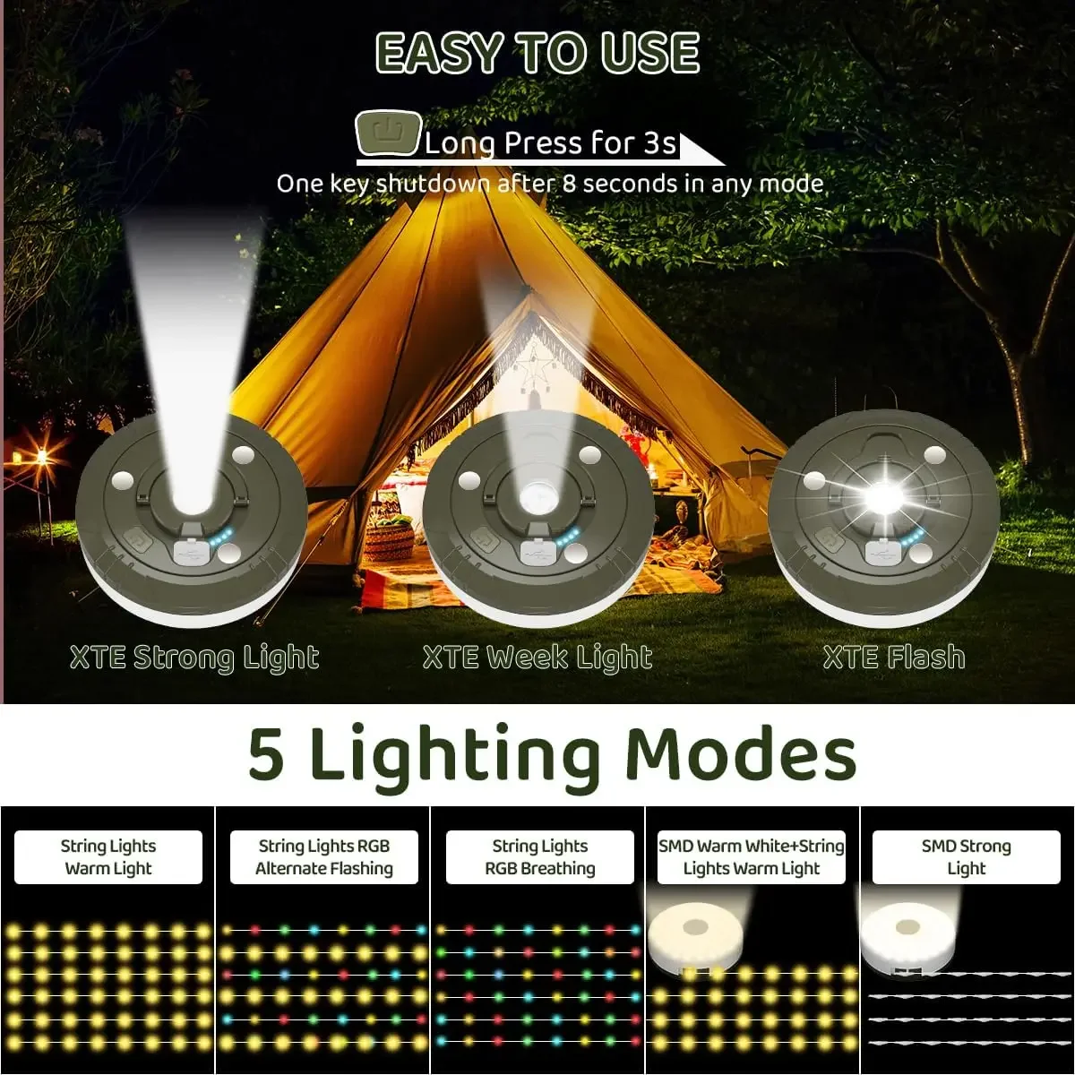 Senter berkemah LED multifungsi, lampu tali USB desain 4 dalam 1 dapat diisi ulang untuk luar ruangan tenda dekorasi XTE dengan kait Magnet